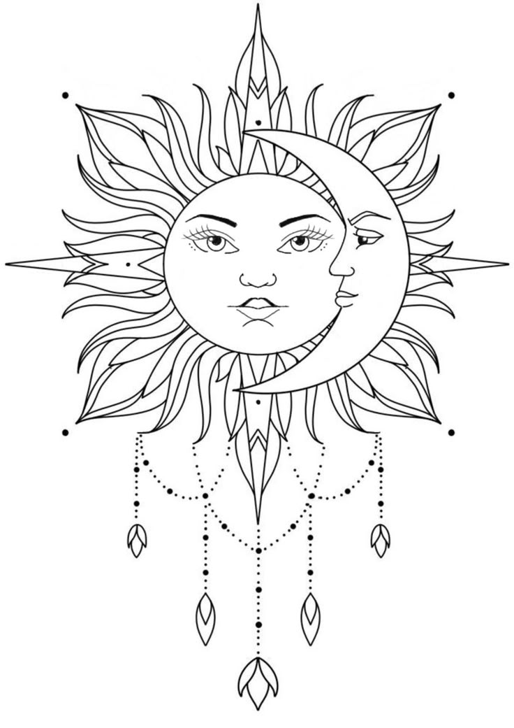 a drawing of the sun with two faces on it, and diamonds hanging from each side