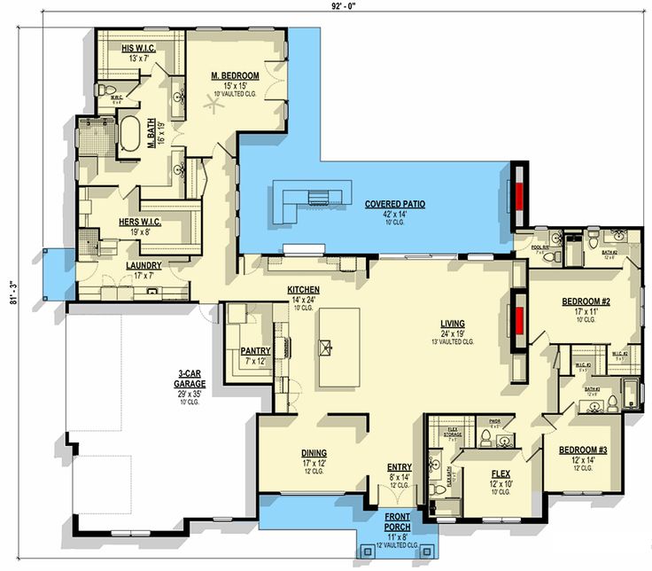 the floor plan for a house with three bedroom and an attached kitchen area, along with two separate living areas