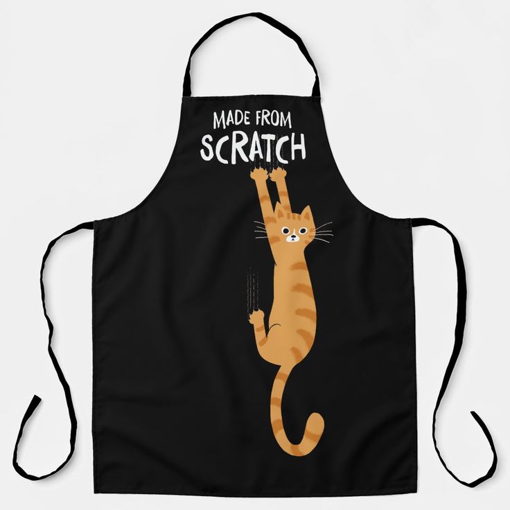 a black apron with an orange cat that says made from scratch on it's front