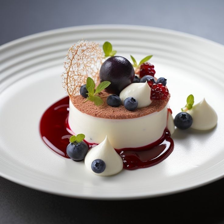 a dessert with berries and cream on a white plate