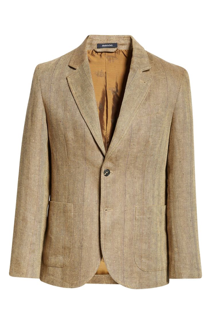 A custom yarn-dyed linen herringbone brings depth and rich texture to this unstructured single-breasted jacket classically framed with notched lapels. 29" length (size 38R) Front button closure Notched lapels Nonfunctional four-button cuffs Chest welt pocket; front flap pockets Cotton lining 100% linen Dry clean Made in Italy Designer Clothing Single Breasted Linen Tweed Jacket For Business, Linen Single Breasted Tweed Jacket For Business, Single-breasted Linen Tweed Jacket For Business, Formal Linen Sport Coat With Pressed Crease, Luxury Linen Blazer For Fall, Linen Tweed Jacket With Notch Lapel And Welt Pockets, Classic Fall Linen Sport Coat, Classic Linen Sport Coat For Fall, Luxury Single Button Linen Blazer