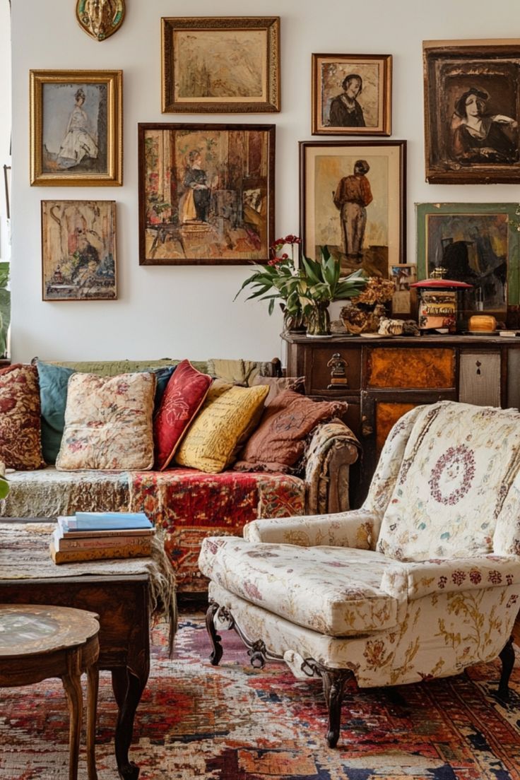 Style a vintage-inspired living room with eclectic accents for a unique and timeless look. #VintageDecor #EclecticStyle #TimelessInteriors Folk Decor Living Room, Eclectic Luxury Decor, Eclectic Victorian Decor Living Room, Vintage Living Room Colors, Cottage Boho Living Room, Eclectic Grandpa Decor, Amsterdam Apartment Interiors, Cozy English Cottage Living Room, Decorate Couch