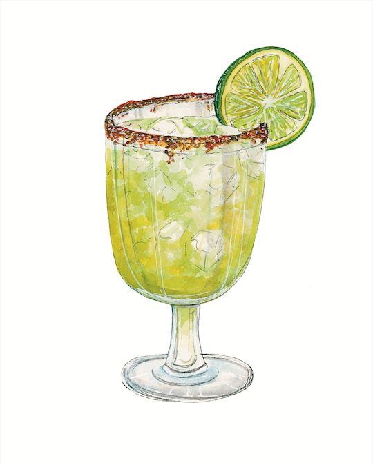 a watercolor painting of a margarita drink with lime and chili garnishes