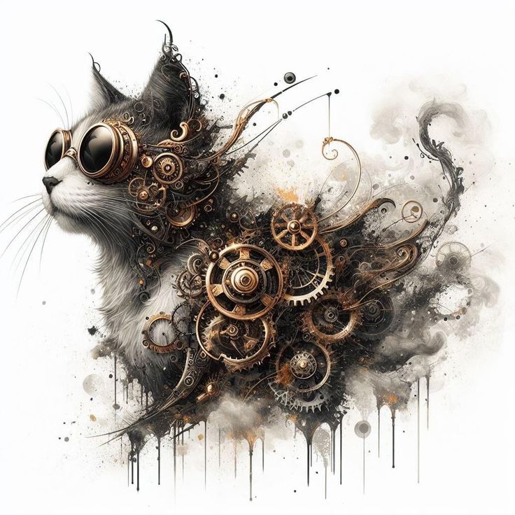 a drawing of a cat with gears on it's face and eyeglasses