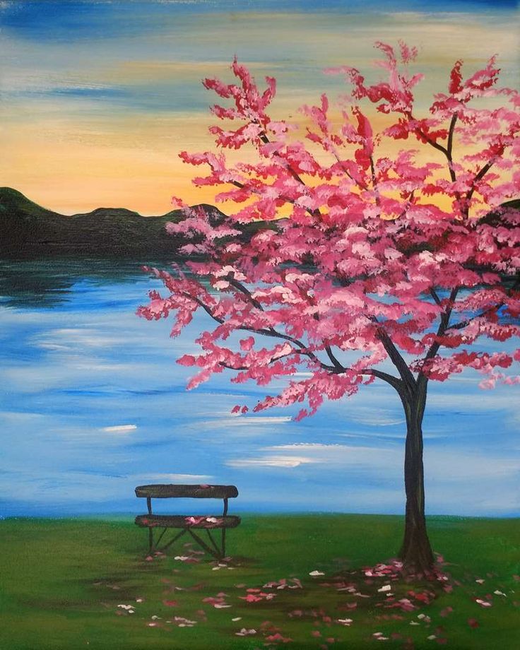 a painting of a bench under a pink tree