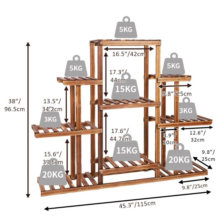 the wooden shelving unit is shown with measurements and measurements for each item in it