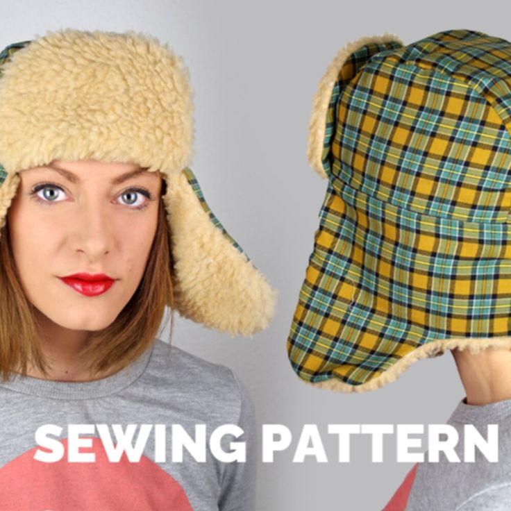 a woman wearing a yellow and green plaid hat with the words sewing pattern on it