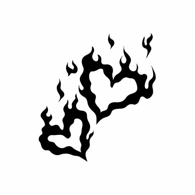 a black and white drawing of flames in the shape of a heart on a white background