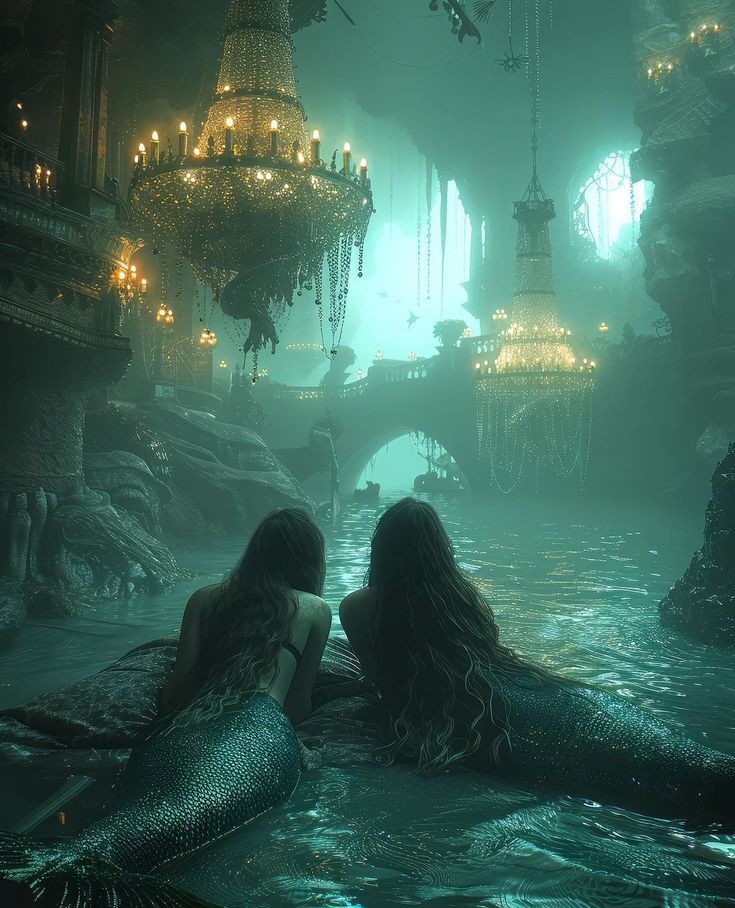 two mermaids are sitting in the water with chandeliers