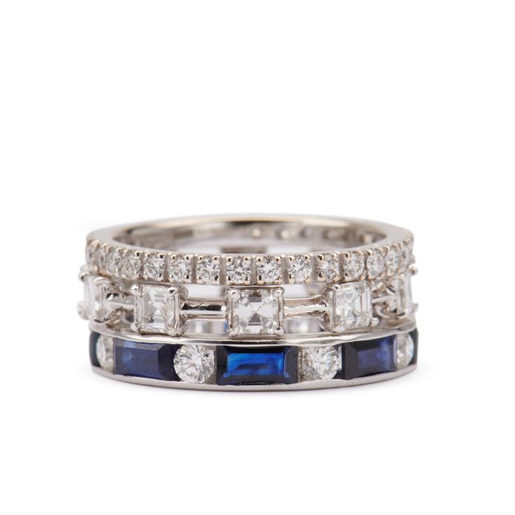 Metal: 14k White Gold, Size: 6 Blue Sapphire And Diamond Ring, White Gold Heirloom Stackable Rings, Timeless Stackable 14k Gold Sapphire Ring, Classic Stackable White Gold Jewelry, Classic Stackable Sapphire Ring, Classic Diamond White Ring Stamped 14k, Elegant Stamped 14k Round Band, Classic White Gold Emerald Cut Stackable Rings, Formal Stackable White Gold Rings With Baguette Cut