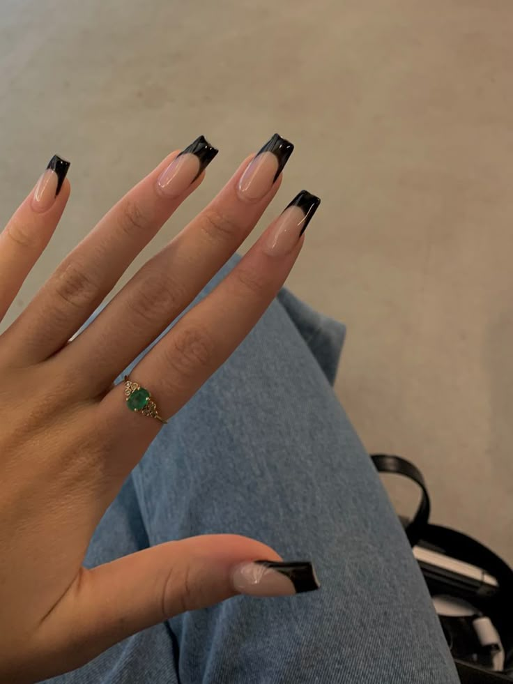 Nails, nail inspo, spring nail inspo, nail inspiration, black french tip nails, acrylic nails, 2023 nails, nail inspiration 2023, cute nails, asthetic nails, summer nail inspo Nails With Initials, Black French Manicure, Black French Tip Nails, Black French Nails, Black French Tip, Black Acrylic Nails, Simple Acrylic Nails, French Tip Acrylic Nails, French Acrylic Nails