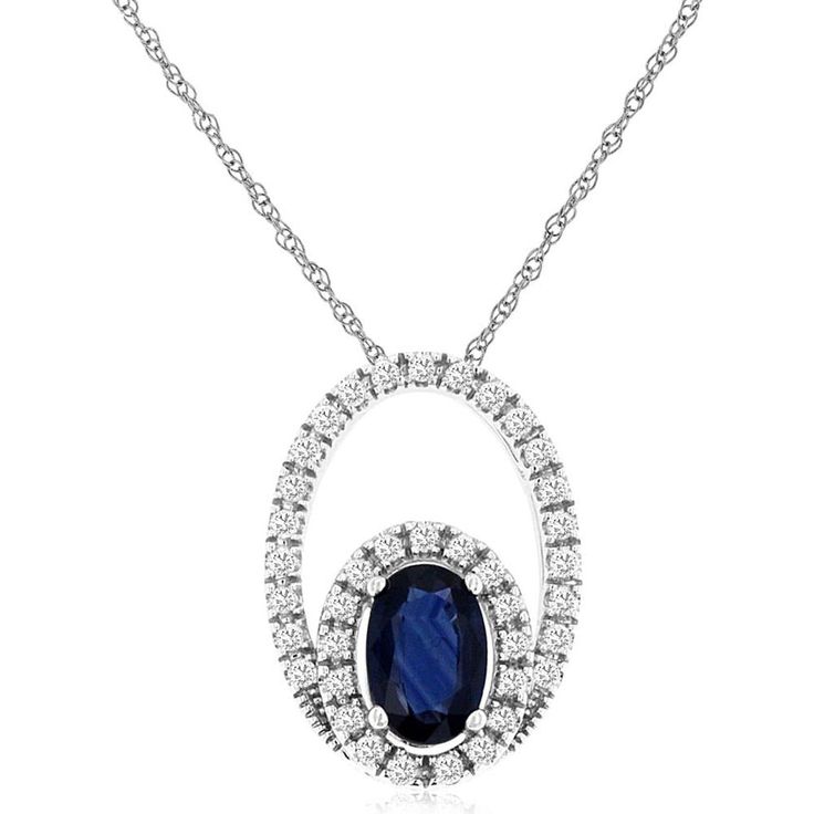 Royal 14K White Gold Sapphire & Diamond Halo Pendant Necklace - 0.65 Carat Sapphire, 0.15 Carat Total Diamond Weight Luxury Lab-created Sapphire Jewelry With Vvs Clarity, Oval Sapphire Diamond Necklace, Formal Round Sapphire Necklaces, Formal Diamond Gemstone Necklace, Oval Cubic Zirconia Necklaces For Formal Occasions, Exquisite Gemstone Necklace For Formal Occasions, Exquisite Gemstone Necklaces For Formal Occasions, Sapphire Jewelry With Brilliant Cut Oval Pendant, Brilliant Cut Sapphire Oval Pendant