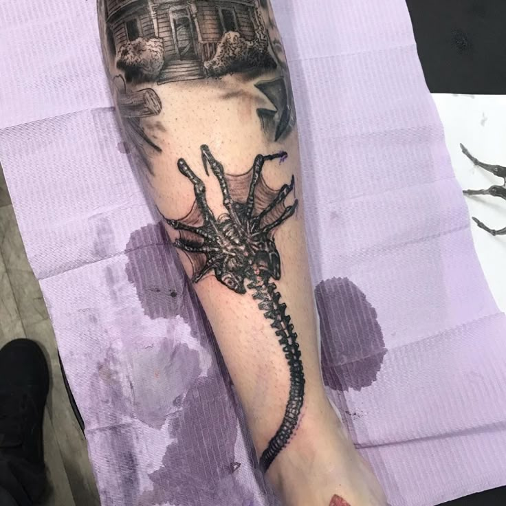 a person with a tattoo on their leg has a spider crawling in front of him