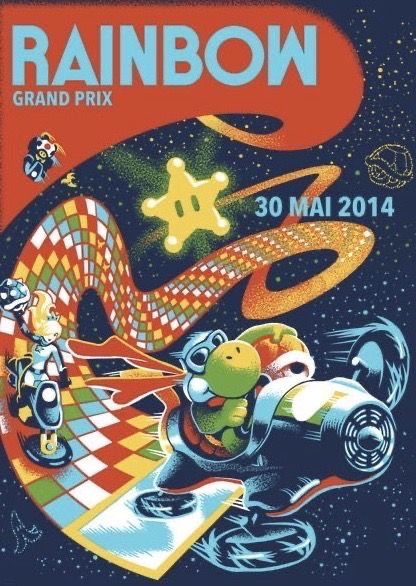 the poster for rainbow grand prix with mario kart and other cartoon characters on it