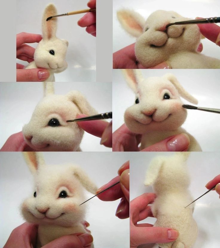 the process of making a stuffed rabbit with needle and thread in it's mouth