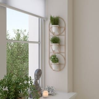 there is a shelf with plants on it next to a window sill and candle