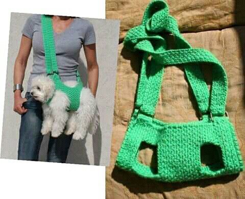 a woman holding a small white dog wearing a green crochet purse