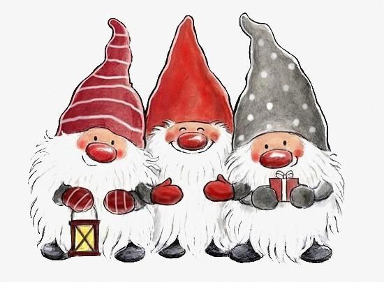 three gnomes are standing next to each other