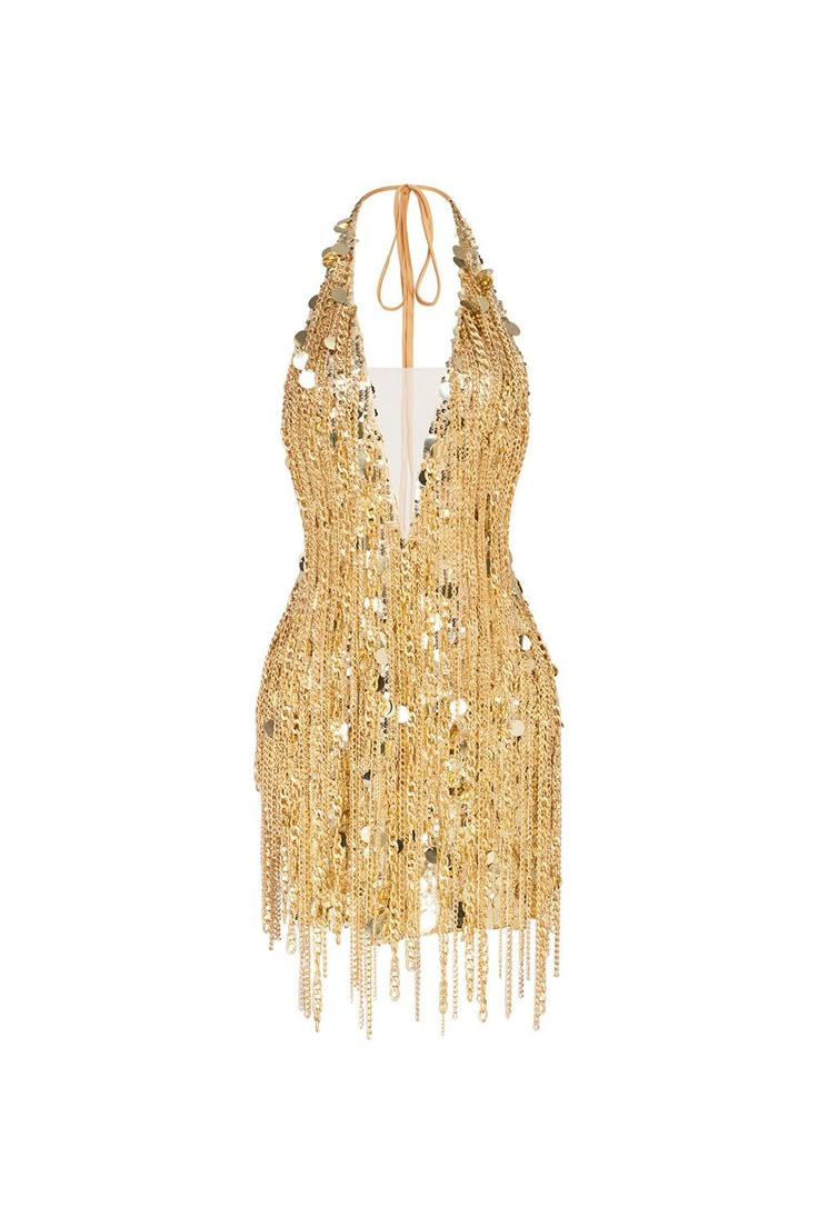 This exquisite dress features a halter neckline and sleeveless design, adorned with shimmering sequins and intricate mesh details. Perfect for any glamourous occasion, it exudes elegance and sophistication. Summer Backless Gold Evening Dress, Summer Gold Backless Evening Dress, Gold Backless Summer Evening Dress, Chic Embellished Halter Dress For Cocktail, Chic Embellished Cocktail Halter Dress, Glamorous Summer Halter Dress For Evening, Luxury Sequin Dress For Cocktail Occasions, Gold Mini Dress For Cocktail Evening, Luxury Cocktail Sequin Dress