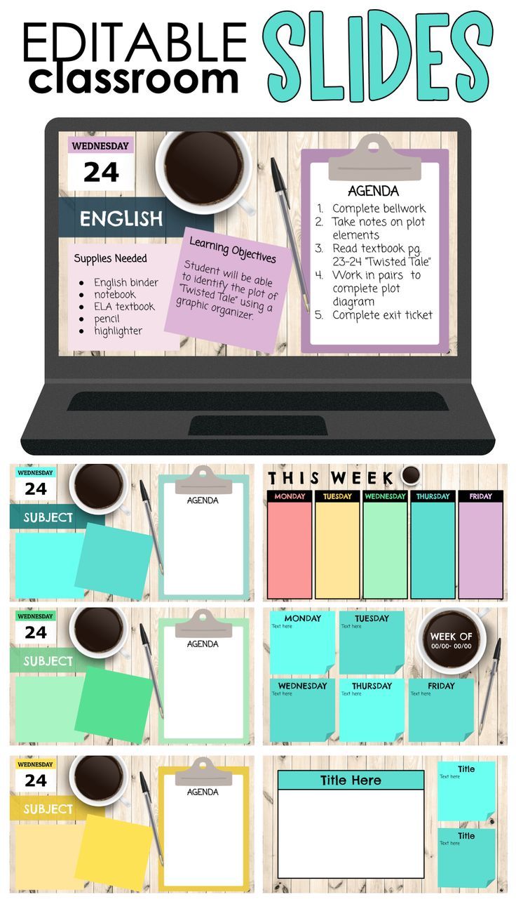 a laptop with sticky notes on it and the words editable classroom slides in front of it