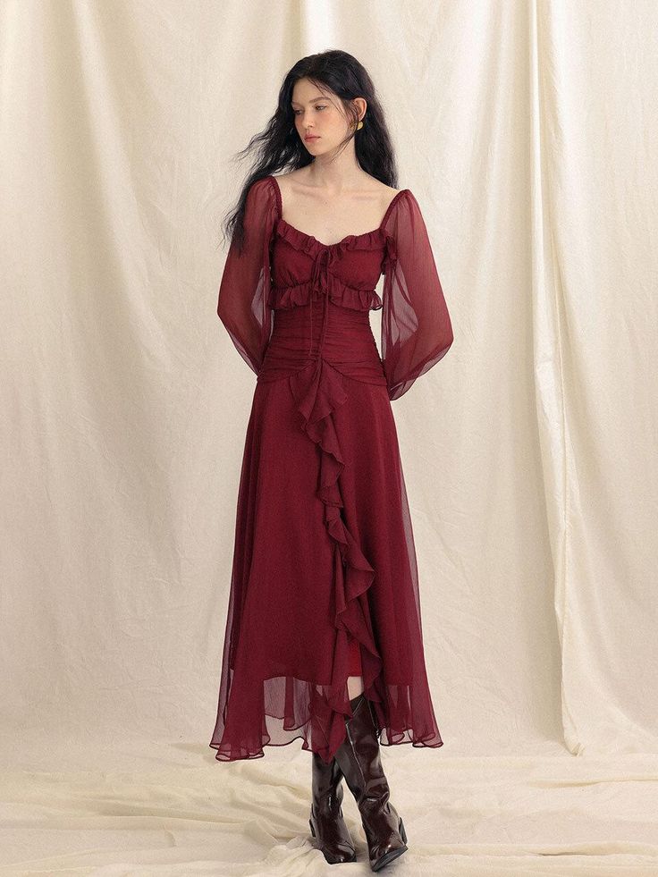 Composition : Polyester 100%Color : Burgundy Red Country of Origin : CHINA Pre Raphaelite Aesthetic, Deep Red Bridesmaid Dresses, Kids Mood Board, Wine Bridesmaid Dresses, French Dresses, Black Suit Dress, Ruffle Long Dress, Red Dress Sleeves, Valentine Dress