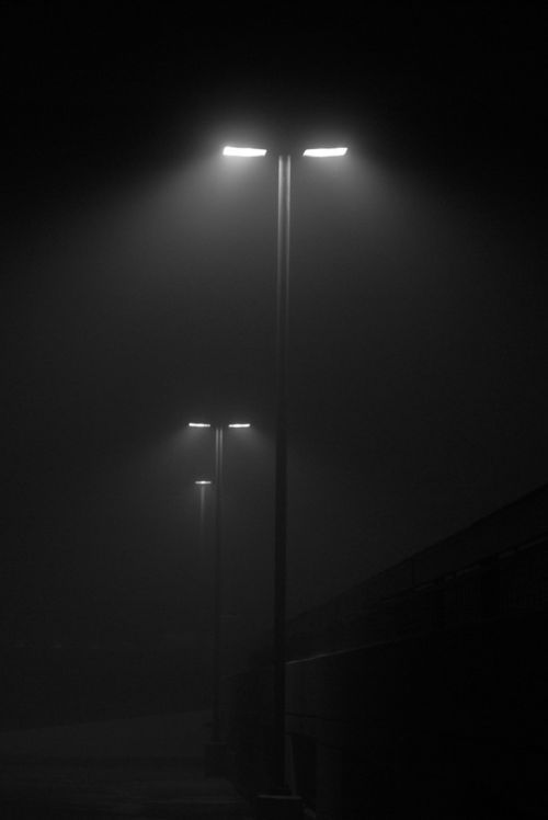 two street lights in the dark on a foggy night