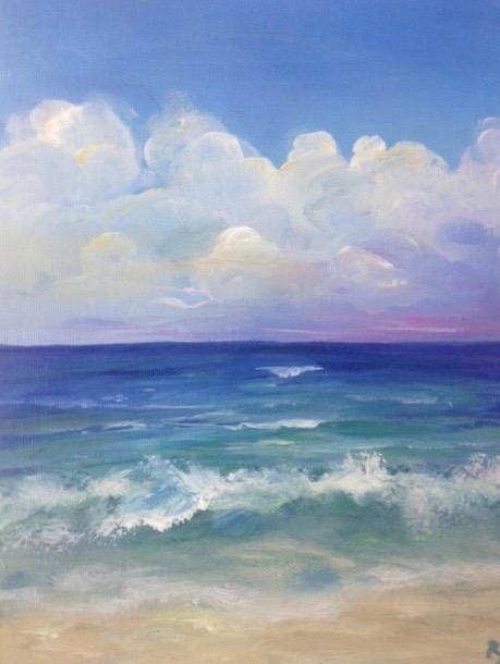 an oil painting of the ocean with clouds in the sky and waves crashing on the beach