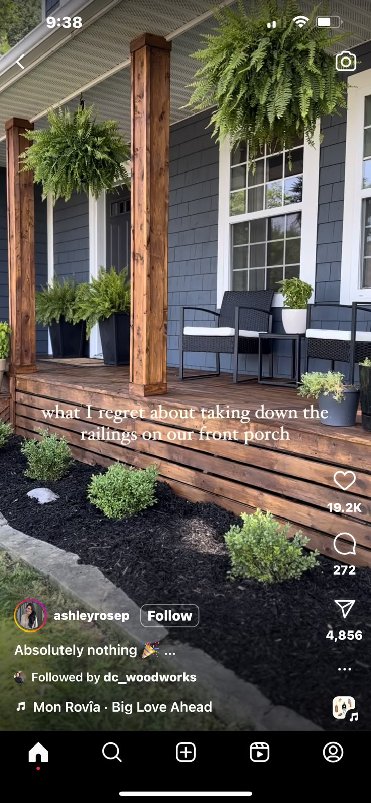 the front porch is decorated with potted plants and an inscription that reads, what i hope about taking down the stairs