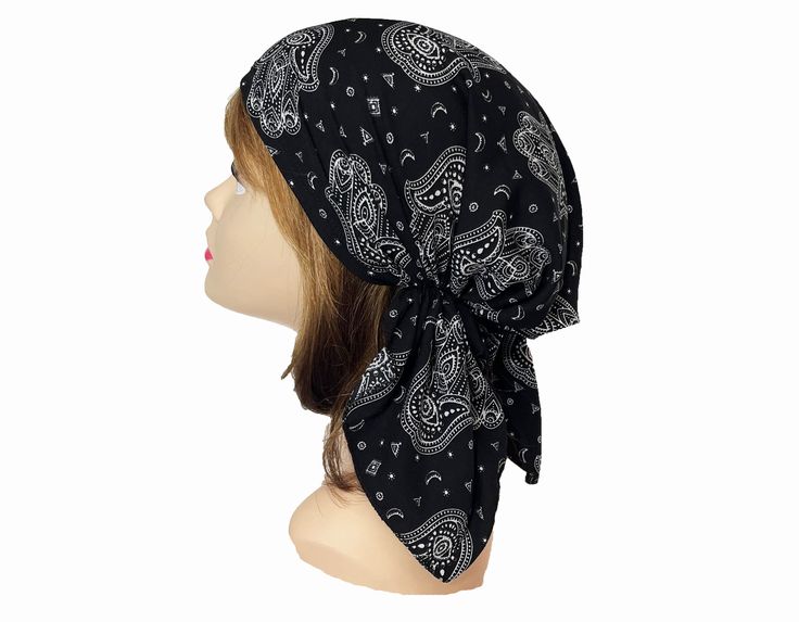 Elastic back for easy-on, easy-off style.  Perfect to wear for those with hair loss or as a fun fashion statement. Machine Wash Cold. Made in the USA. Polyester One size fits most Casual Festival Headwrap With Bandana Print, Casual Bandana Print Headwrap For Festivals, One Size Bandana With Bandana Print For Beach, Casual Bandana Print Headscarf For Festivals, Trendy Bandana Print Headscarf One Size, Trendy One Size Bandana Print Headscarf, Bandana Print Headscarf As Headband, Adjustable Bandana Print Headwrap For Summer, Trendy Bandana With Matching Headband