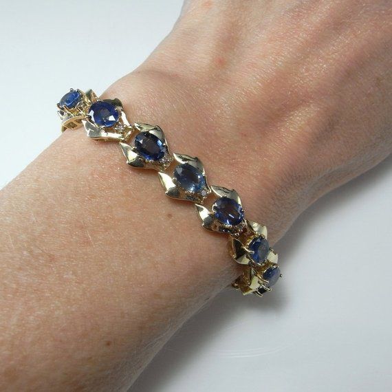 NO HEAT Sapphire Bracelet Champagne Diamond Tennis Bracelet 14K Gold 1970s Natural Blue Unheated Sap