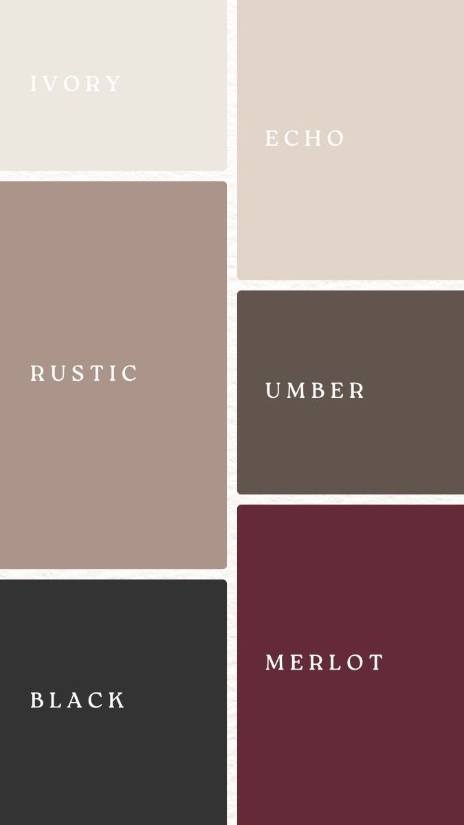 four different colors of paint with the words rustic, umber, merlot and ivory