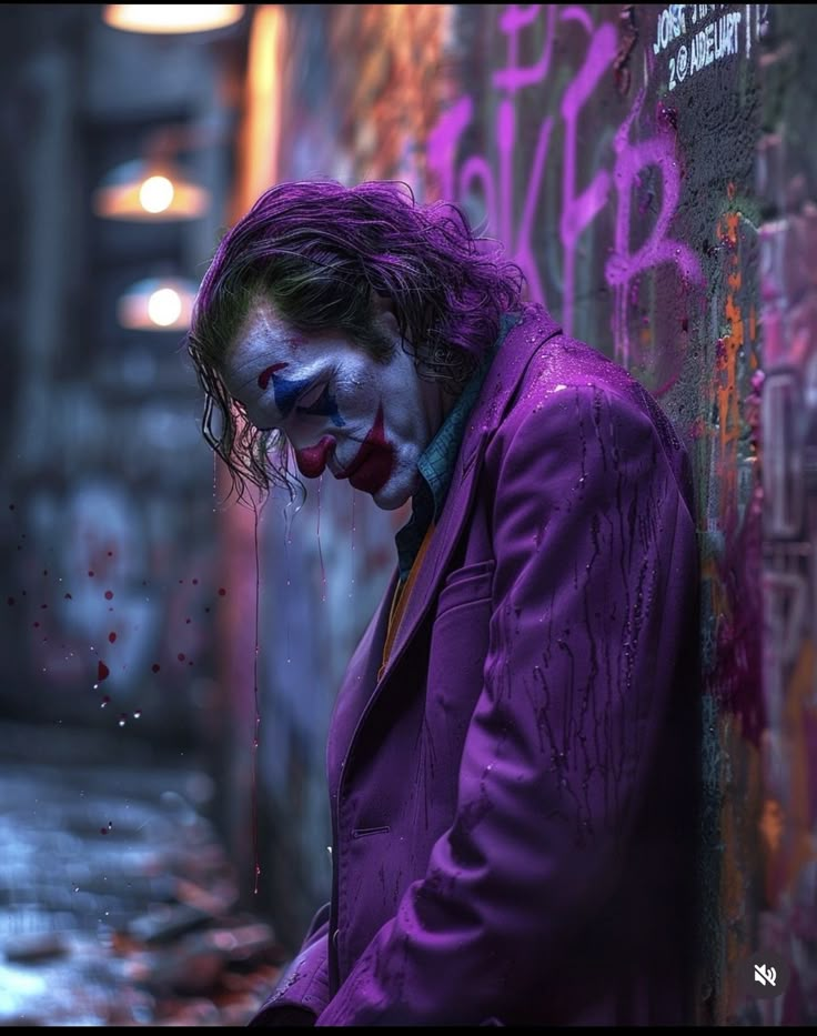 a man dressed as the joker leaning against a wall with his face painted red and purple