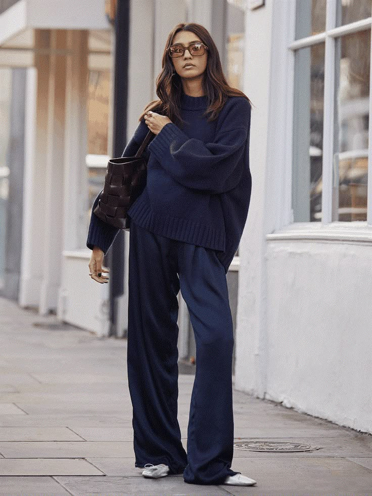 Silky Trousers, Womens Knit Jumpers | SheerLuxe Trousers Jumper Outfit, Jumper Trousers Outfit, Relaxed Work Outfits Women, Jumper And Trousers Outfit, Cool Trousers Outfit, Womens Jumper Outfits, Trouser Sweater Outfit, Sheerluxe Outfits, Slouchy Trousers Outfit