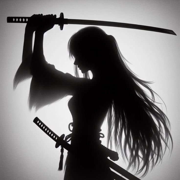 the silhouette of a woman holding two swords in front of her head with long hair