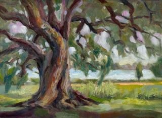 an oil painting of a large tree in a field