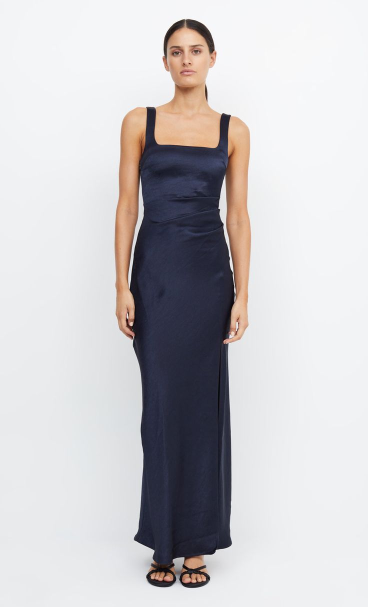 A timeless classic, the Dreamer Square Neck Dress is an easy to wear formal style that flatters all silhouettes. The maxi length dress features a square neckline and a dramatic side leg split. The gathering detail around the waist and hips disguises any unwanted lines on the body. Formal Slip Dress, Navy Evening Dresses, Latest Bridesmaid Dresses, Bridge Dress, High Neck Maxi Dress, Australian Fashion Designers, Leg Split, Bec And Bridge, Bridesmaid Dress Styles