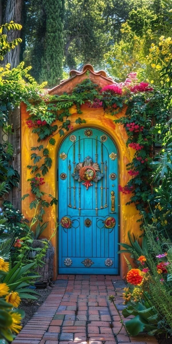 a blue door surrounded by flowers and greenery in the middle of a garden area