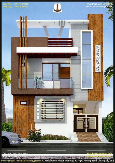 the front view of a modern house with wooden and white trimmings on it