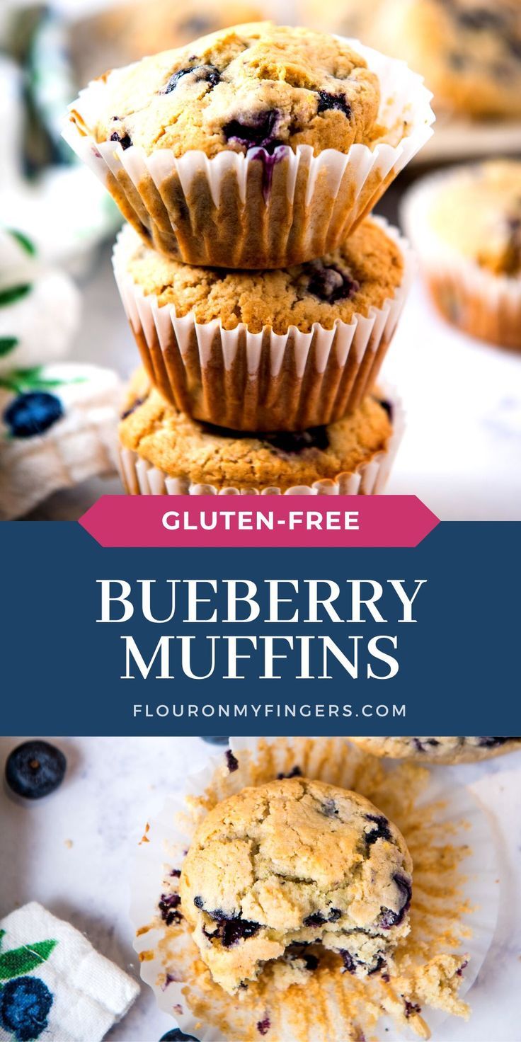 top: stack of gluten-free blueberry muffins on a marbled white countertop; bottom: gluten-free blueberry muffin with the muffin wrapper pulled back on a marbled white countertop Pumpkin Blueberry Muffins, Muffins Lemon, Pumpkin Blueberry, Gluten Free Blueberry Muffins, Filled Muffins, Lemon Poppy Seed, Gluten Free Muffins, Lemon Poppyseed, Blueberry Muffins