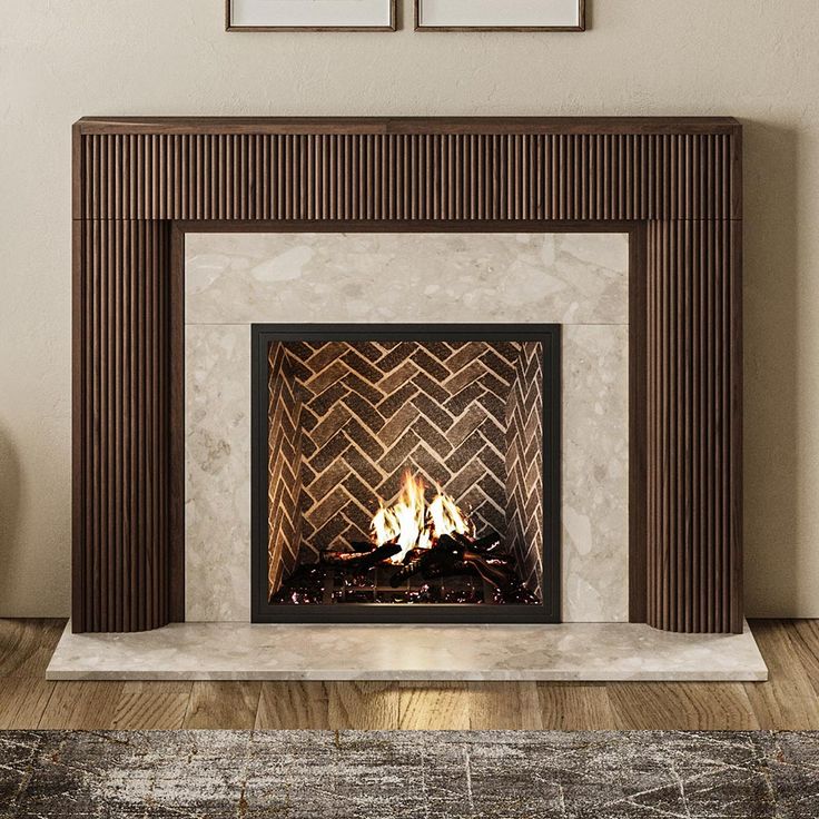 Hazel 56x42 Wood Mantel - Umber Stain Light Wood Fireplace, Modern Mantels Fireplace, Fluted Wall Panel Fireplace, Modern Fireplace Hearth, Contempoary Wood Fireplace Surrounds, Modern Rustic Mantle, Stone Fireplace With Wood Mantle Mid Century, Wood Wall Fireplace, Mid Century Wood Paneling Fireplace