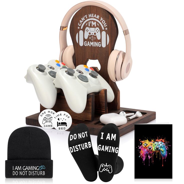 an assortment of gaming accessories including headphones, socks, and beanie are on display