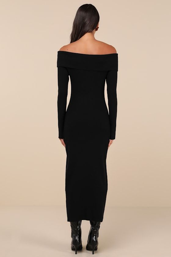 From office parties to holiday bashes, there are plenty of occasions the Glamorous Incredibly Pristine Black Off-the-Shoulder Sweater Maxi Dress will be perfect for! Stretchy ribbed sweater knit shapes this must-have dress that features a chic off-the-shoulder neckline with a fold-over trim and a flirty bodycon silhouette, all framed by long sleeves. A sophisticated maxi hem completes the look. Fit: This garment fits true to size. Length: Ankle length. Size medium measures 46.5" from top to bottom. Bust: Great for any cup size. Waist: Fitted - stretchy fabric allows custom fit. Hip: Fitted - stretchy fabric allows room for hips. Undergarments: May be worn with a strapless bra, adhesive bra, petals, or no bra. Fabric: Fabric is very stretchy. Unlined. 41% Viscose, 35% Polyamide, 24% Polyest Off The Shoulder Sweater Dress, Outfit Planning, Maxi Bodycon Dress, Old Outfits, Sweater Maxi Dress, Outfit Plan, Bardot Dress, Black Sweater Dress, Adhesive Bra