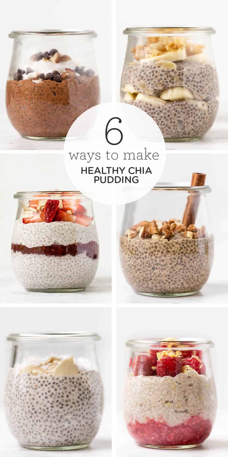 six different images of chia puddings in glass jars