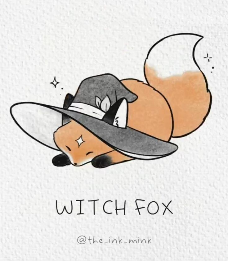 a drawing of a fox wearing a hat with the words, witch fox on it