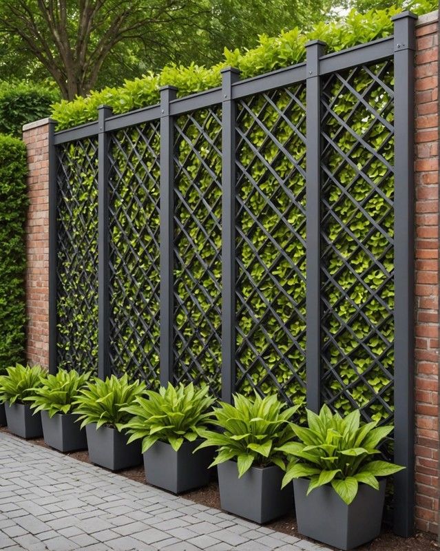 a row of planters sitting next to a brick wall with green plants growing on it