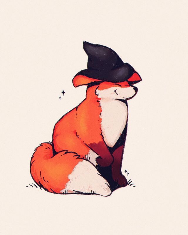 a drawing of a red fox with a black hat on it's head sitting down