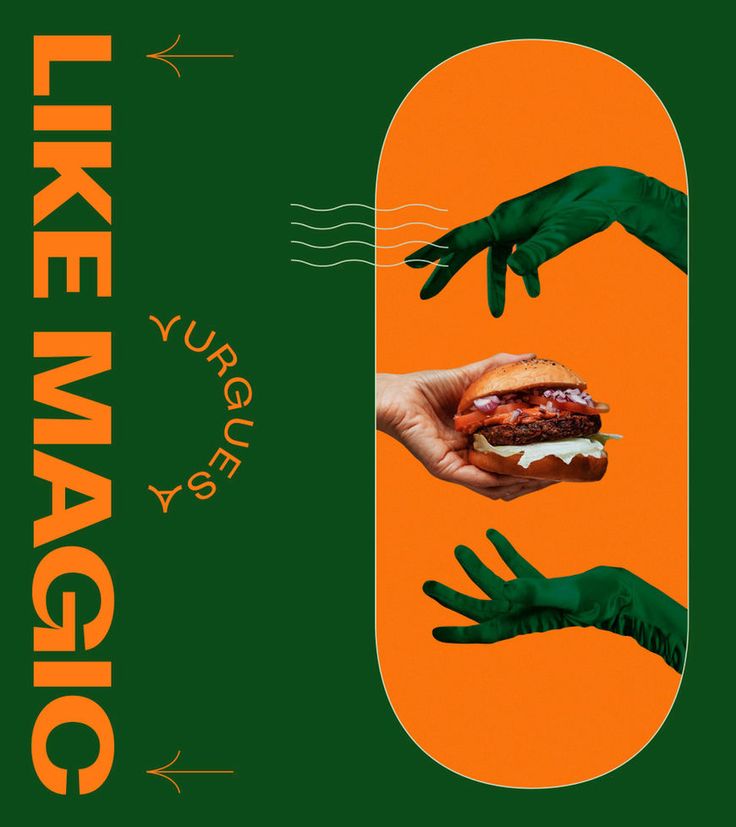 two hands reaching out to each other over a burger on an orange and green background