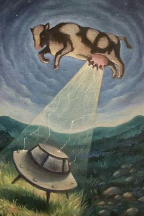 a painting of a cow jumping over a bench into the air with it's head in the sky