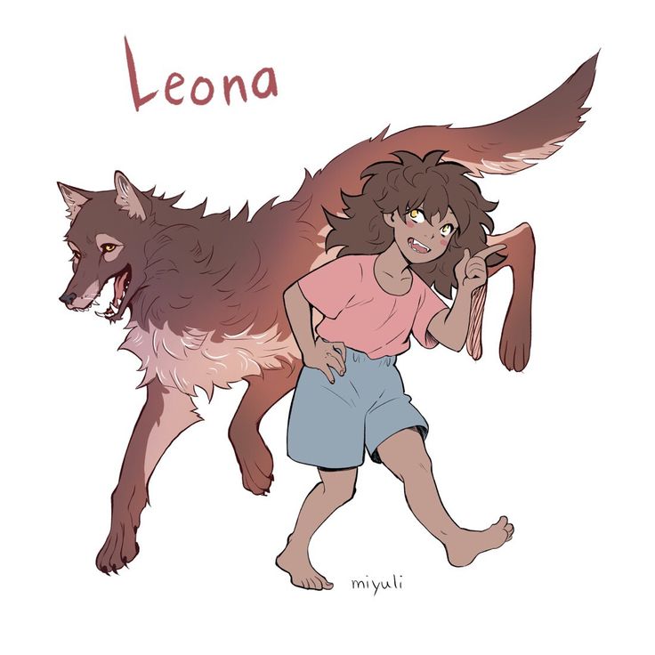 a drawing of a girl and a wolf with the word leona written on it