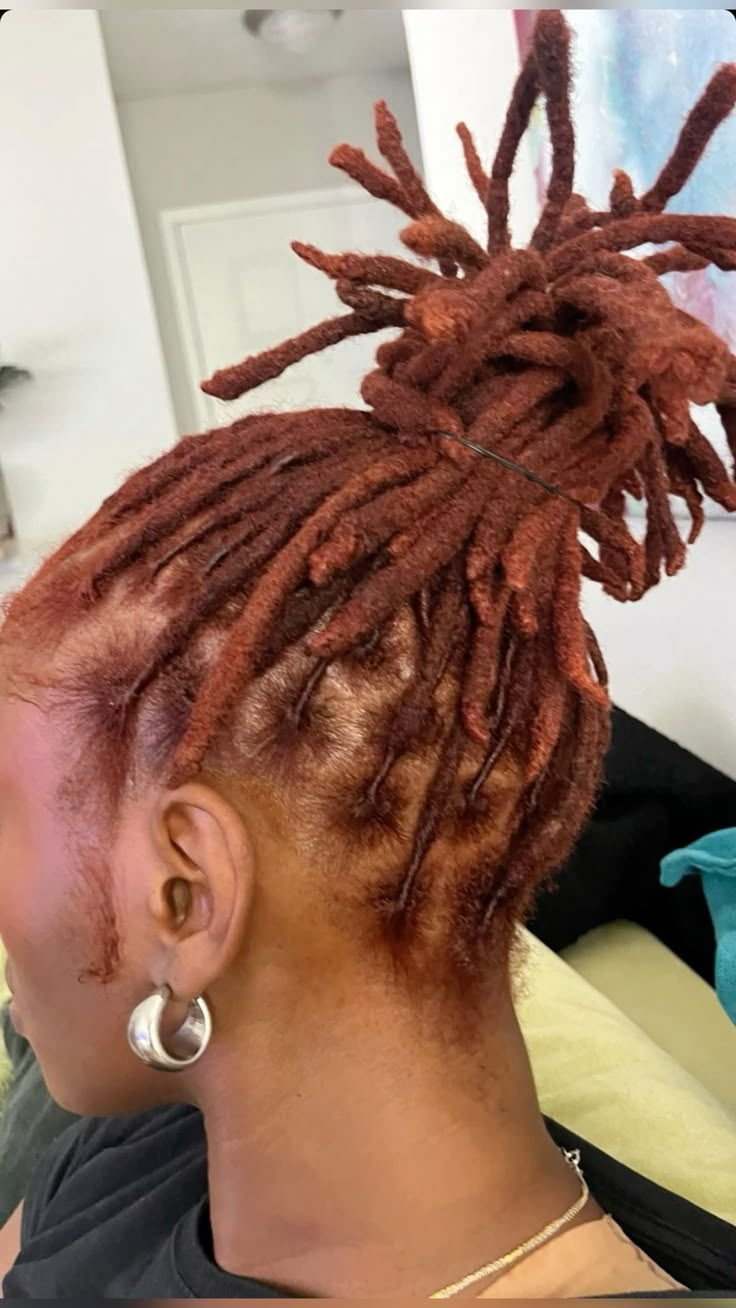 Copper Hair Locs, Copper Colored Locs Black Women, Copper Brown Locs Black Women, Ginger Dreadlocks Black Women, Burgundy Brown Locs, Ginger Locks Black Women, Ginger Colored Locs Black Women, Ginger Dyed Locs, Hair Color Ideas For Dreads